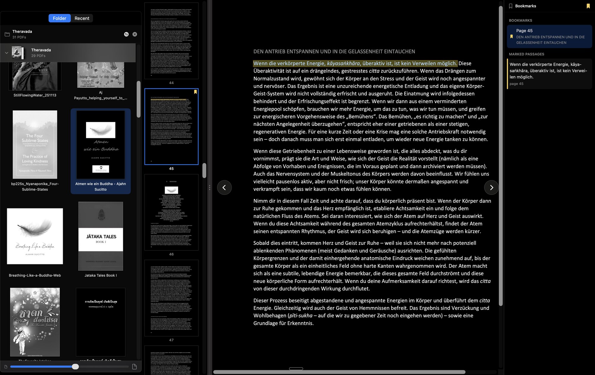 The library, a folder of PDFs drawn as covers, beside an open document.