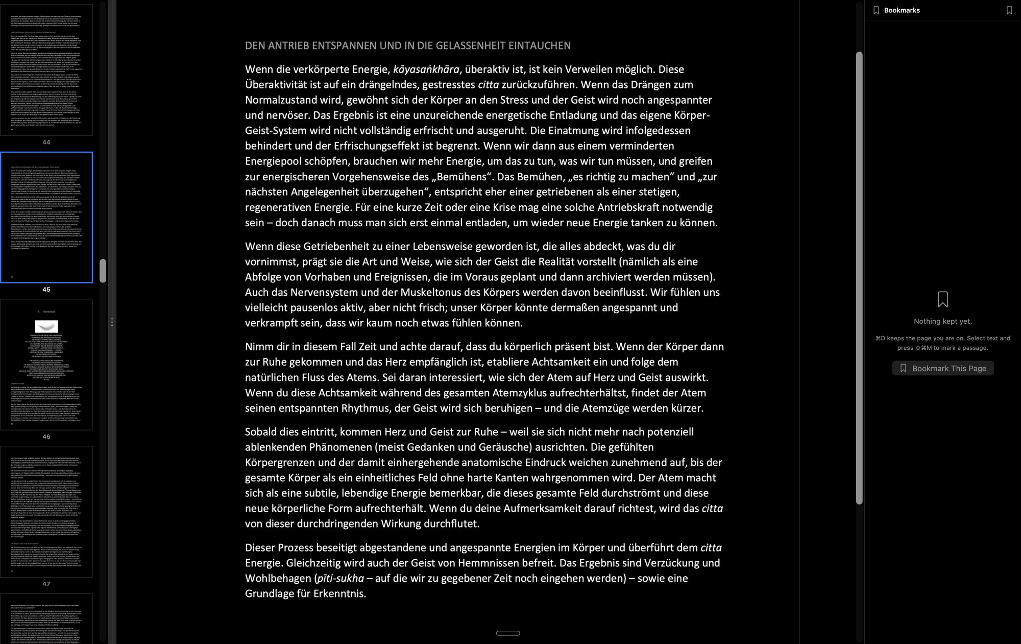 A long page of text with page thumbnails down the left side.